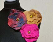 Set of three brooches , flower, gift, felt, felted, wool, merino wool, pink, mustard,