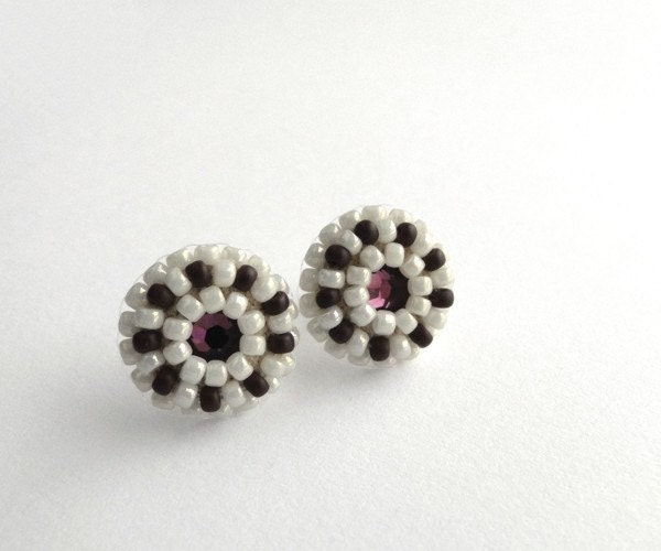 Purple swarovski stud earrings swarovski crystal post earrings button small hand embroidered