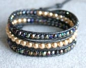 Bright Gold Swarovski Boho leather wrap bracelet, 3x Wrap, Chan Luu Style, black, gold, jet, iris, pearl, trendy jewelry
