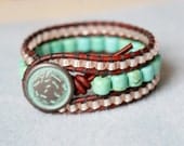 Sour Apple boho leather bracelet cuff, Shabby chic, bohemian, patina, brown, green, blue Turquoise, mint, trendy jewelry, pastel, small