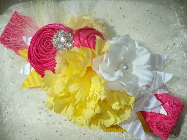 Baby Flower Headband, Headband, Baby, Childrens, Infant Headband, Photo Prop, Kids / Hot Pink, White and Yellow Flower Headband