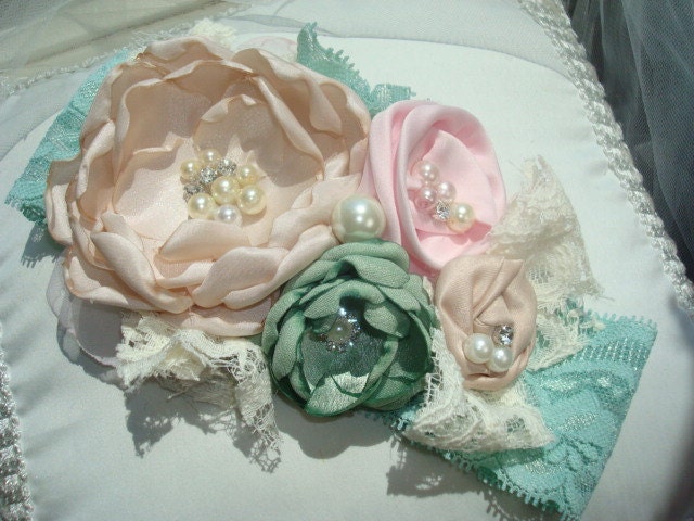 Vintage Inspired  Baby Flower Headband, Headband, Wedding, Flower Girl,  Photo Prop, Couture/ Light Taupe, Green, Pink and Cream Headband