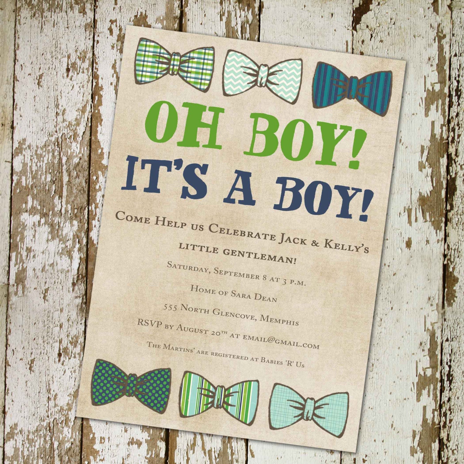 baby boy shower invitation with bow ties, little gentleman theme, digital, printable file (item 1246e)