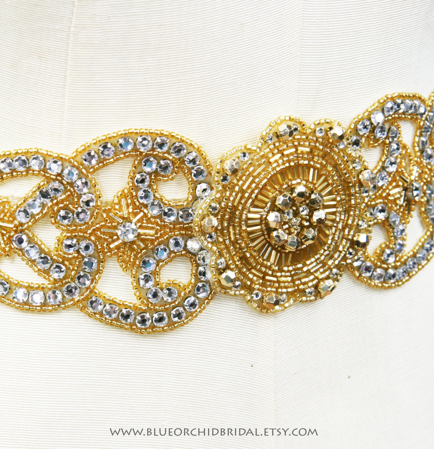 Crystal Sash, Wedding Sash, Bridal Sash, Rhinestone Sash, Gold Sash - Gold Swirls