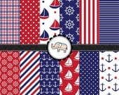 Digital Scrapbooking Paper - Red, White & Blue Nautical Digital Paper Pack - Personal and Commercial - Instant Delivery