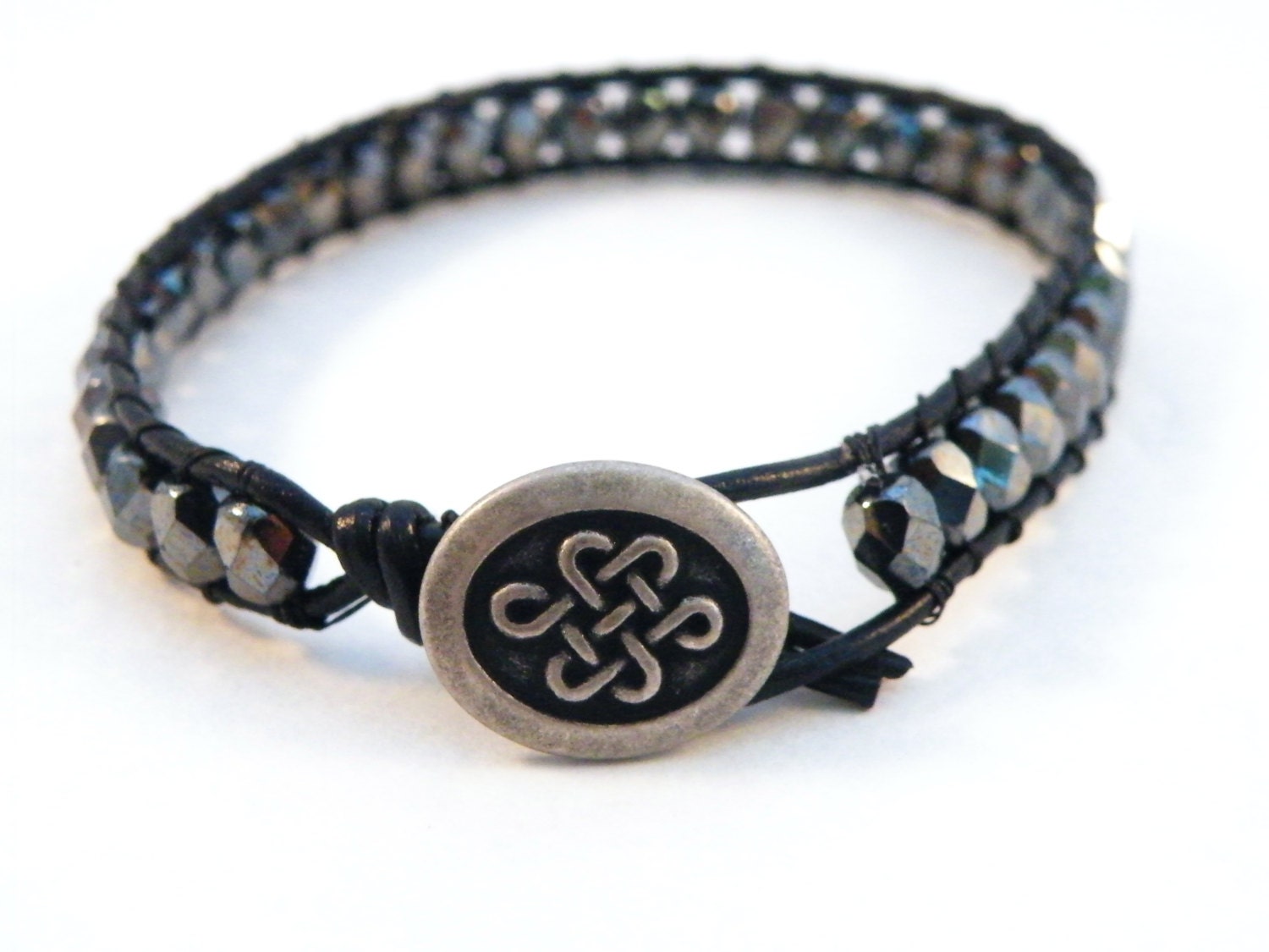 Unisex Hematite Large Czech Bead Leather Bracelet with Celtic Knot Button/ Mens Guys Dude Male/ Urban Modern Wrist Wrap