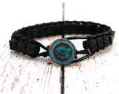 Black Lava Rock Leather Bracelet with Turquoise Bronze Button/ Free Shipping/ Urban Modern Wrist Wrap