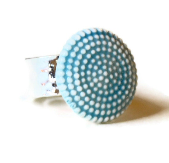 Pale Blue Ceramic Ring, raised dots adjustable band