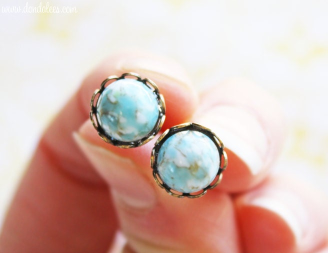 Turquoise Colored Glass Earrings- Dainty Glass Ear Posts
