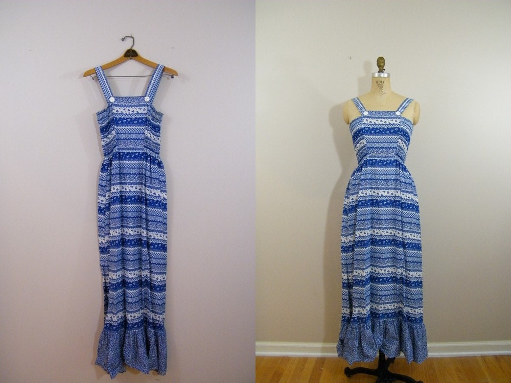 Vintage 1970s Prairie Maxi Dress / Size Large
