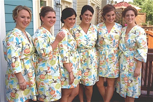 Six Bridesmaids Robes.  Kimono Robes. Bridesmaid's Gift Robes. Robe. Dressing Gown. Choose Your Fabrics. Assorted Prints. Knee Length.