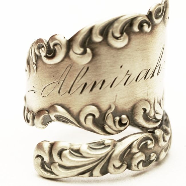 Antique Edwardian Rococo Sterling Silver Spoon Ring Engraved 'Almirah', Handcrafted in YOUR Size (4256)