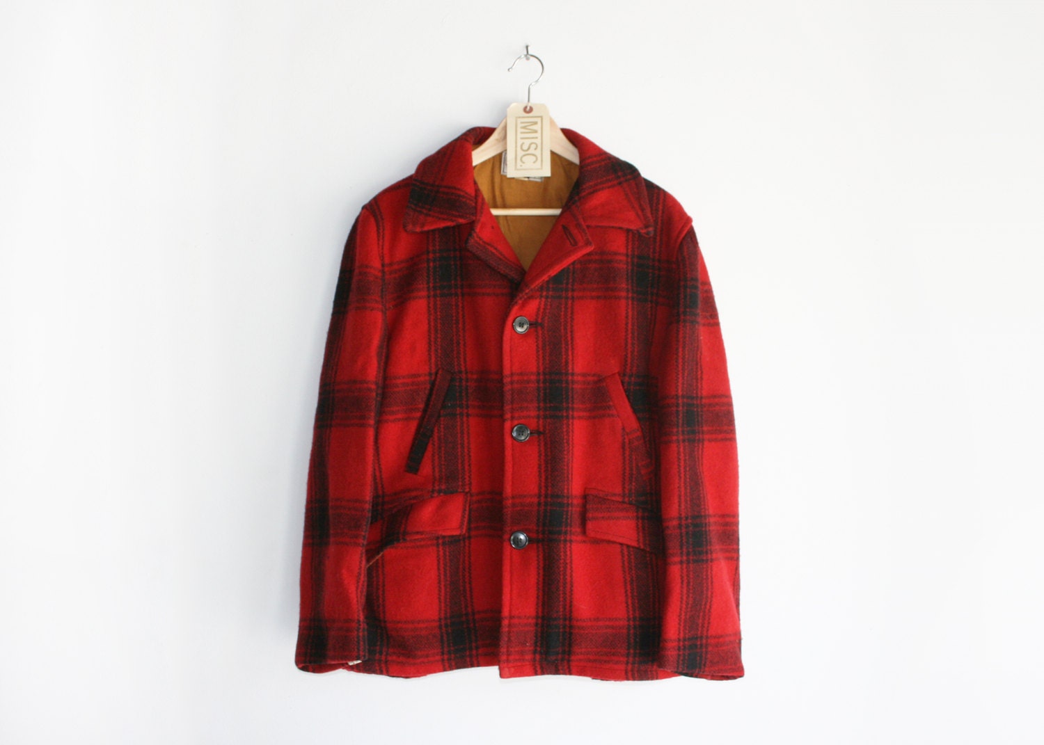 50% OFF SALE - Vintage Red & Black Plaid Union Made Thick Wool Hunting Jacket