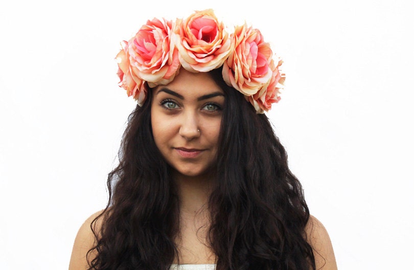 Large Coral Flower Crown - Rose Crown, Coral Pink Rose Floral Crown, Hair Wreath, Bonnaroo Festival, Peach, Spring Fashion