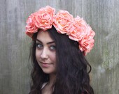 Peach Coral Rose Flower Crown - Large Vintage Rose Crown. Floral Headdress, Bohemian Summer Fashion Accessory, Bridal Crown. Gypsy