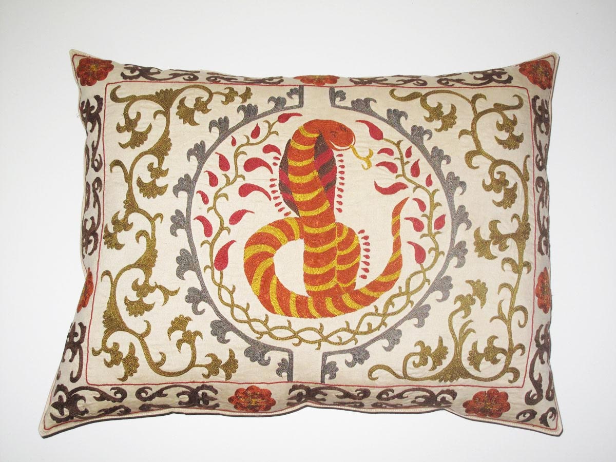 Beautiful silk handmade Sahrisyabs  snakes  flowers pattern Suzani  large Pillow Cover 19.5"x19.5" inch
