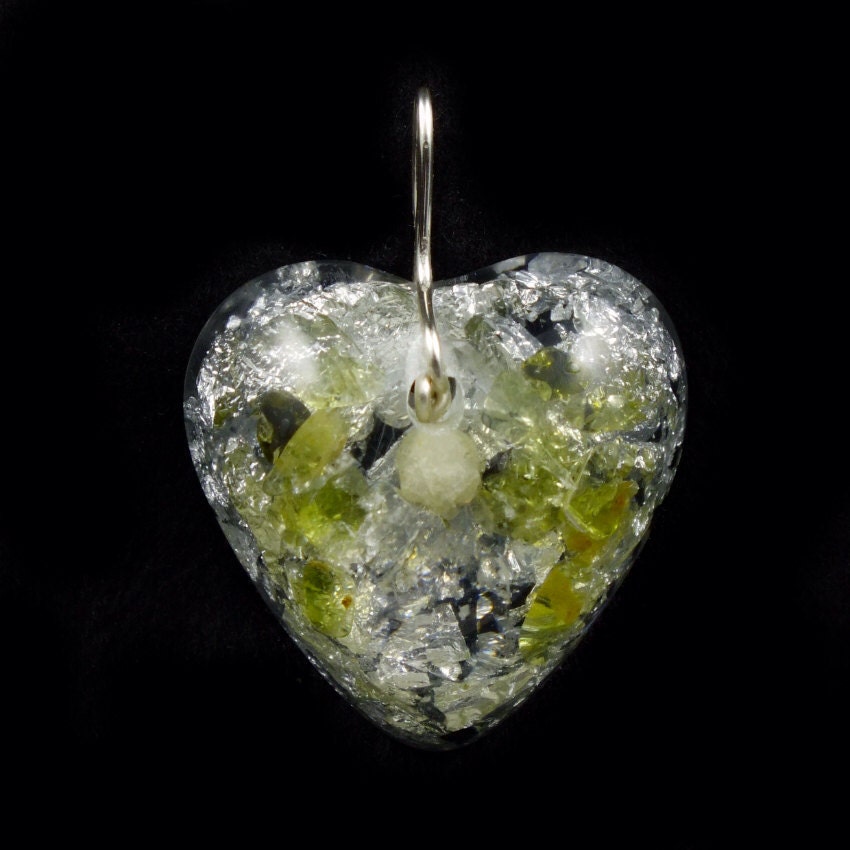Orgone Positive Energy Generator Heart Pendant withTibetan Double Terminated Crystal, Peridot, Rhodizite,  Phenacite  & Silver Leaf (222)