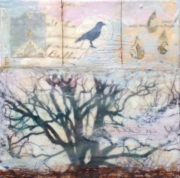 Original Encaustic Art- "Quietly"  Encaustic painting, Bird and Tree Art by Angela Petsis