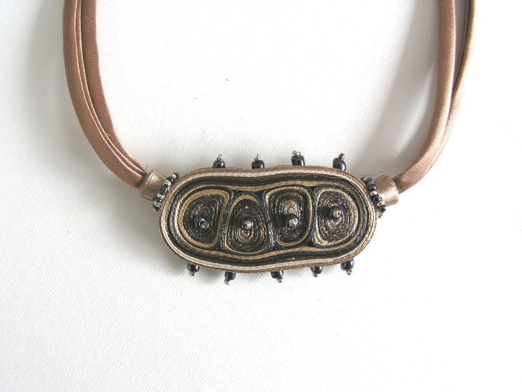Necklace Grey Beige - Fiber Pendant Grey Brown - Textile Jewelry - OOAK Ready To Ship