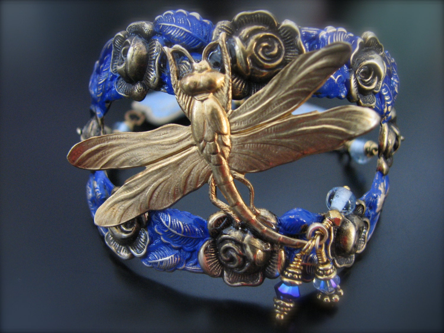 Dragonfly Cobalt Hand Painted Cuff Swarovski and Czech Fire Polished Glass Elaine Ray Ceramic Beads Cuff