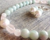 Aquamarine and pink quartz gemstone necklace, sterling silver matching earrings
