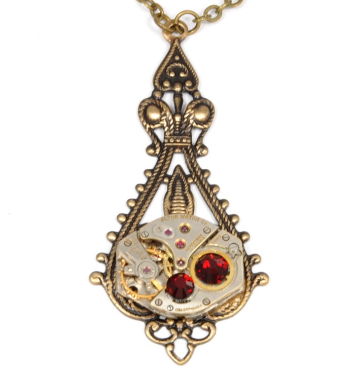 Steampunk Jewelry Necklace Steam Punk Vintage Watch Necklace Red Swarovski Ant. Brass Victorian Steam Punk Jewelry by VictorianCuriosities