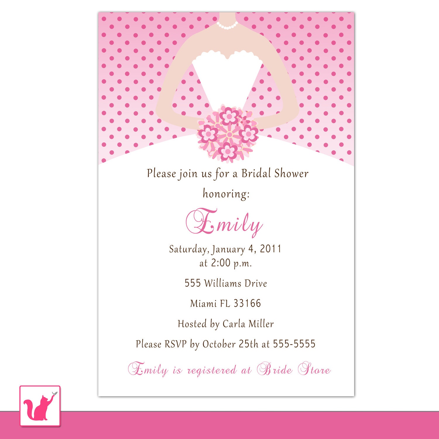 Printable Personalized Modern Pink Polka Dots Bridal Shower Invitation - Bride Bouquet Dress Sweet 16 Quinceanera 16th 15th