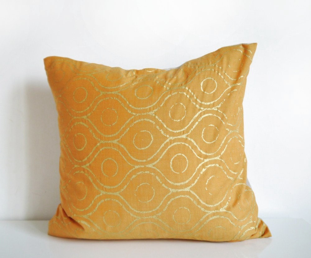 Yellow pillow: spice yellow and metallic gold throw pillow, indian inspired print on organic cotton cushion cover