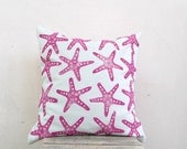 Beach pillow cover: starfish in hot pink on white organic cotton cushion cover,  nautical throw pillow, beach decor