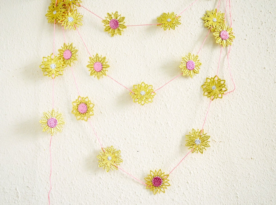 Gold, Pink, and Silver Wedding Garland made from Vintage German Foil Dresdens