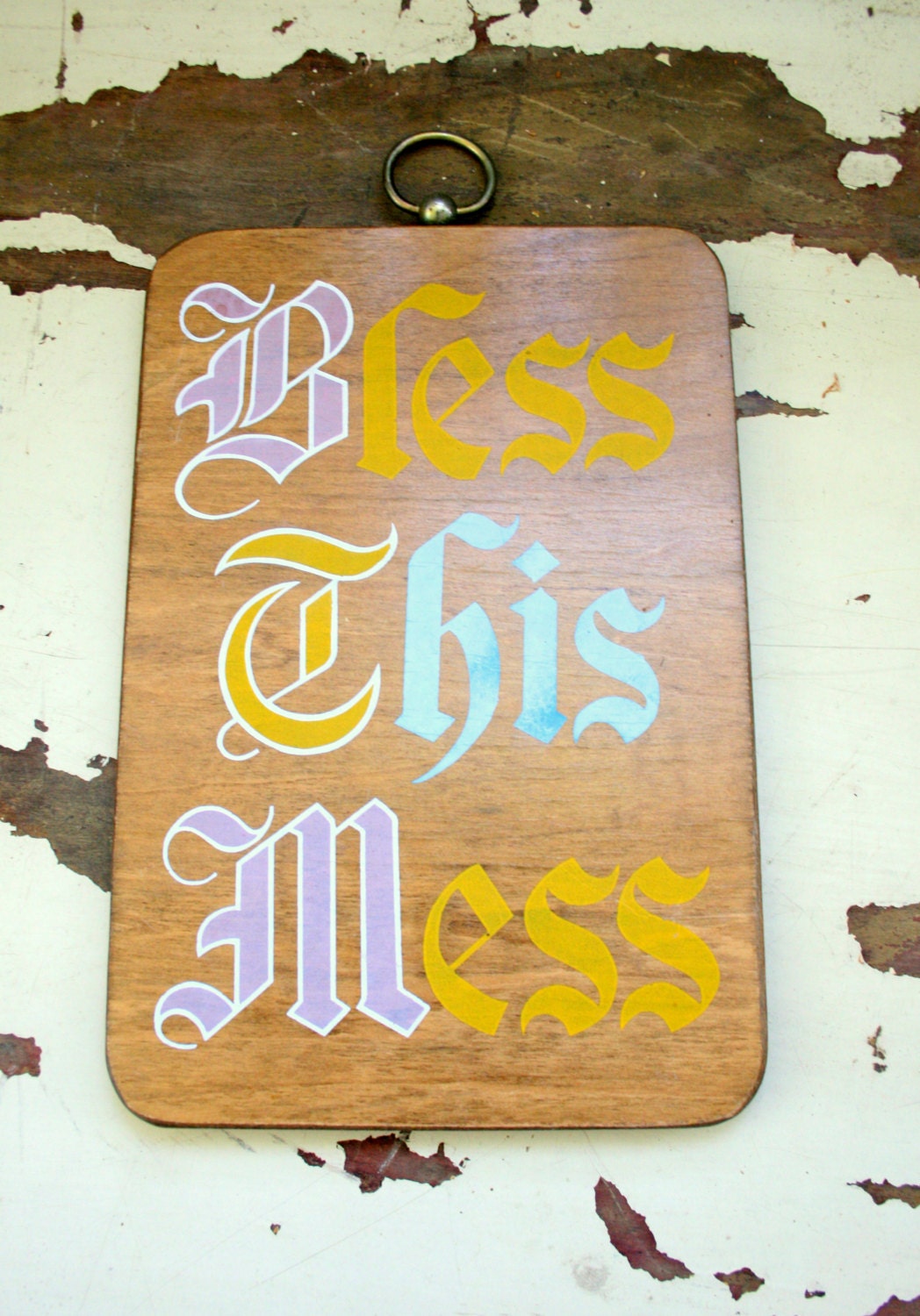 1970s BLESS THIS MESS Wall Hanging.....retro. home. mess. kitchen. wooden. wood. house warming. gift. home decor. retro housewares. kitsch