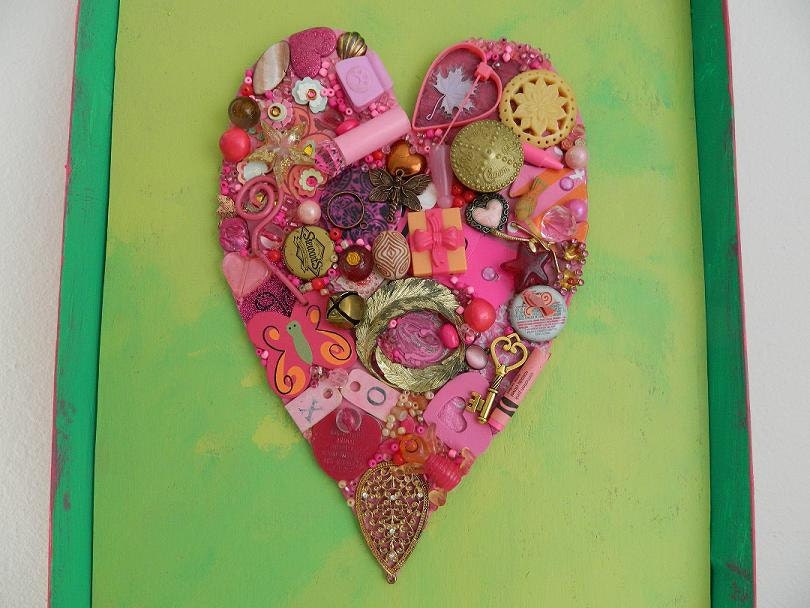 Heart Collage mixed media assemblage Love Heart Full of Happy