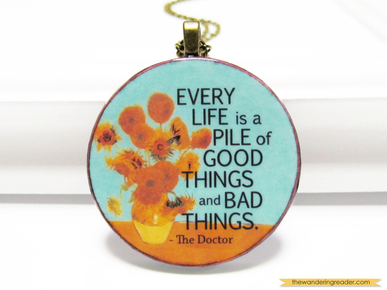 Doctor Who Inspired "Vincent and the Doctor" Whovian Van Gogh Sunflowers Geek Picture Necklace with Dr Who Quote in Bronze