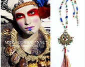 Sale -Solace II, Swarovski Crystal Natural Stone Glass Beaded Ethnic Statement Pendant Peruvian  Tassel Necklace - One of a Kind