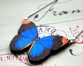 Bright Blue, Black & Tan Large Wooden Butterfly Necklace - Vintage Decoupage