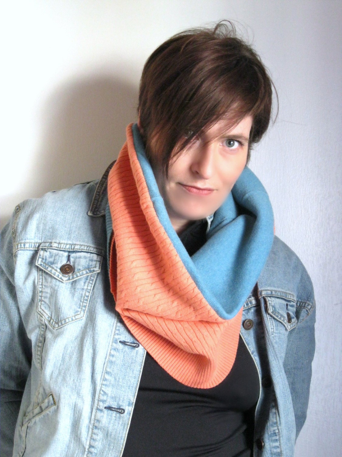 Peach and Turquoise Infinity Scarf Snood in Cotton -  Eco Friendly Infinity Cotton Scarf : Upcycled Repurposed Recycled