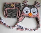 15% off-Crochet  Sleepy Owl Baby Hat  And Diaper Cover set-Photo Prop-