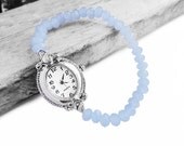 Happy Father's Day Sale -  Vintage-style Silver Oval Quartz Watch with Stretchable Blue Jade Abacus Beads Bracelet (Get 12% OFF)