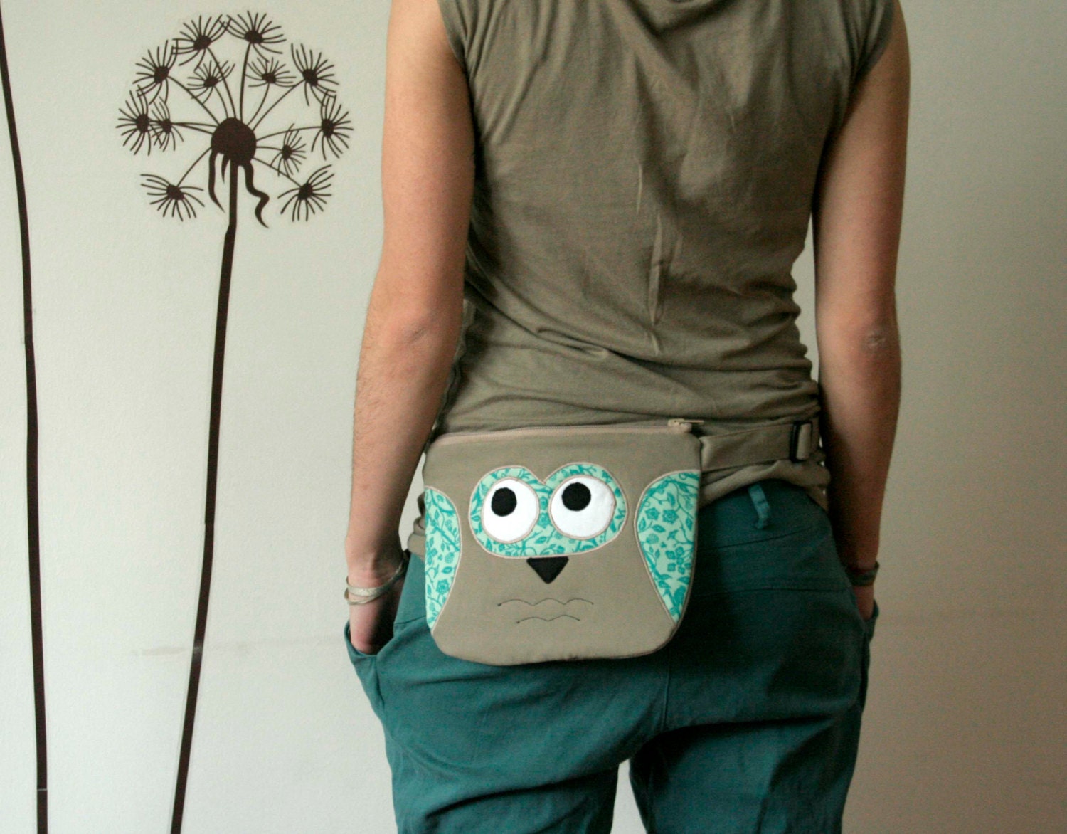 Spring Owl fanny pack, belt bag, tan and turquoise with birds and flowers, spring fashion - ready to ship
