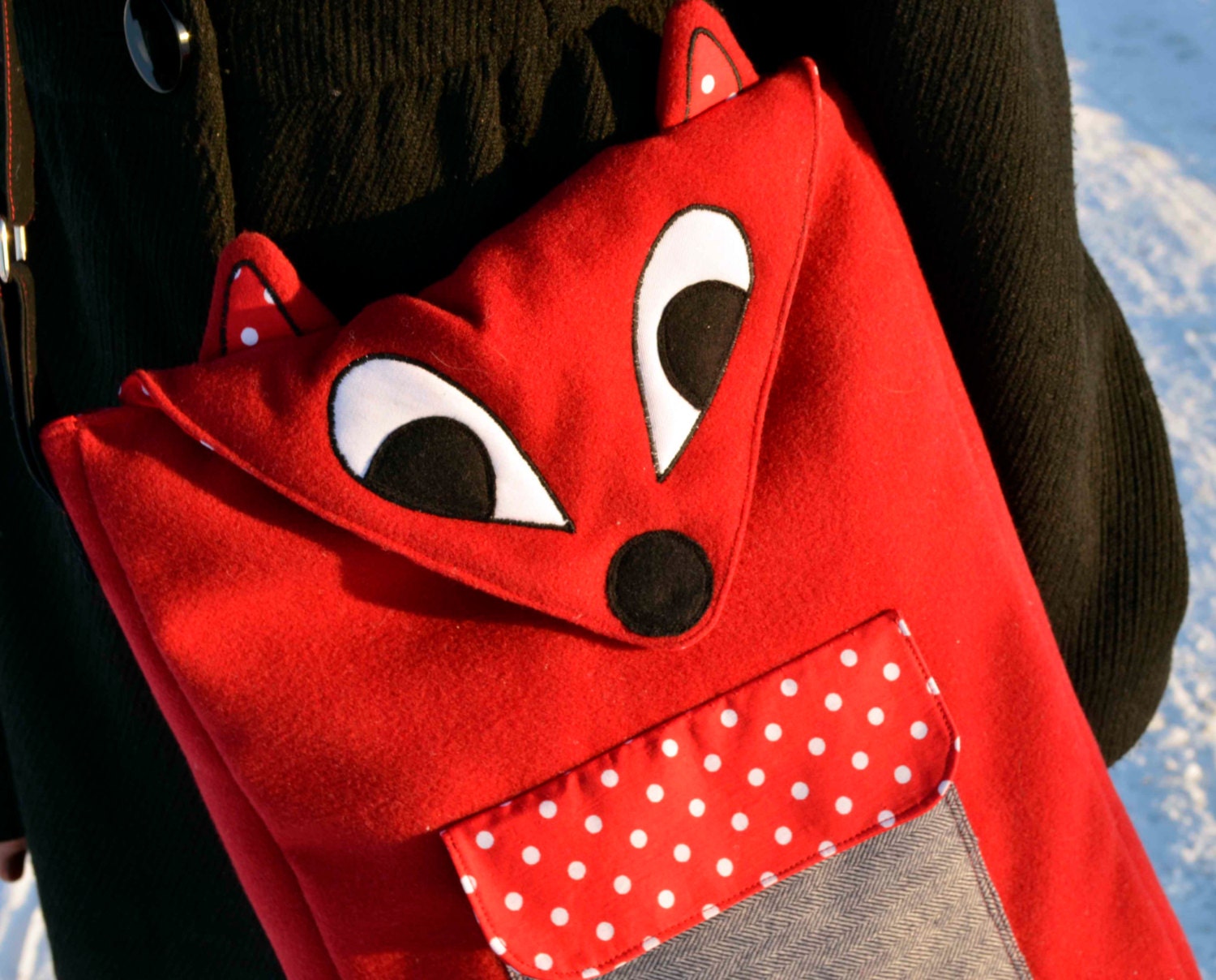 Red Fox laptop case / messenger bag- soft dark red fabric and polka dots-13, 14, 15 inch - made to order