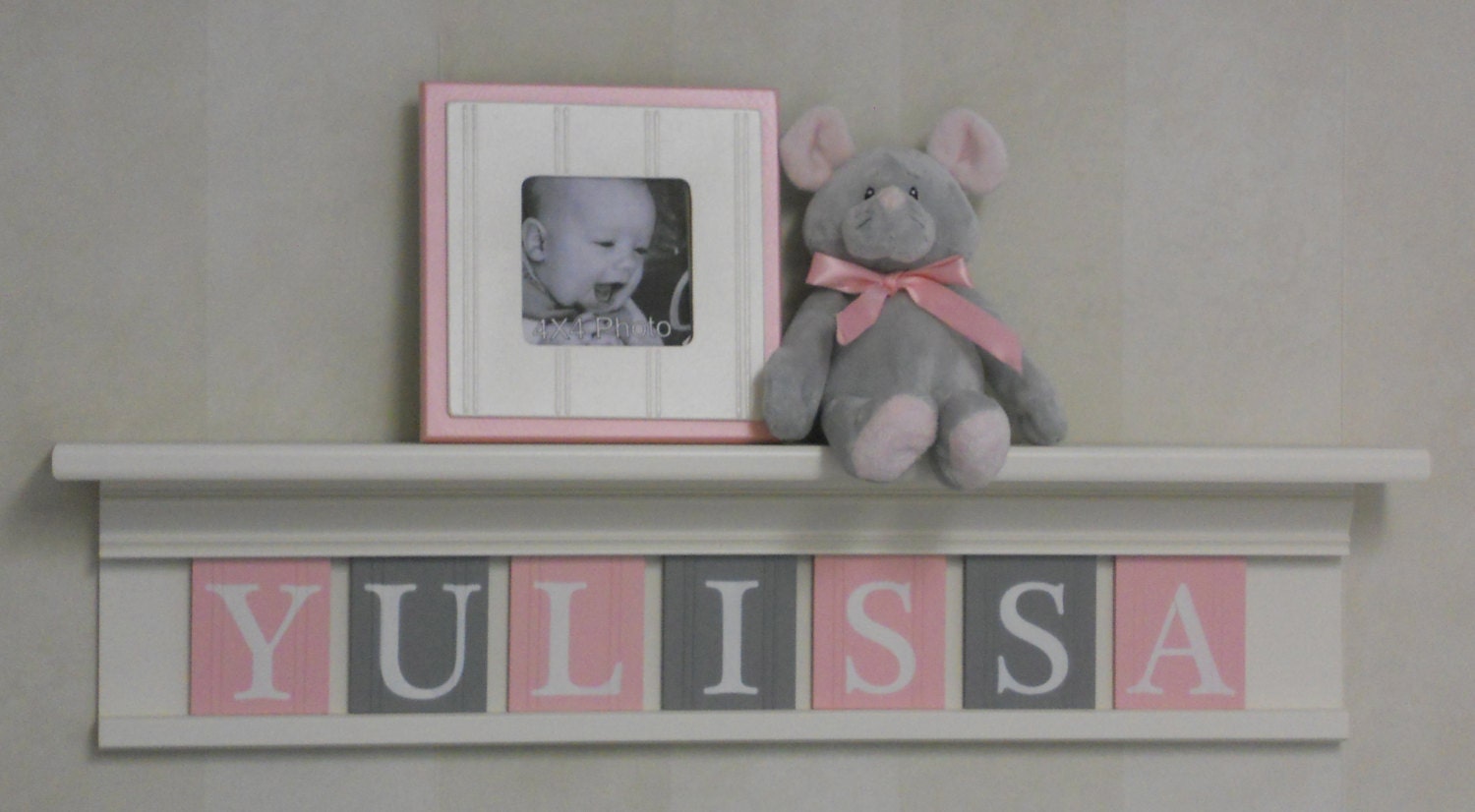 Pink and Gray Nursery Girl Wall Decor 30" Linen White Shelf - Sign with 7 Wood Letters Custom for YULISSA