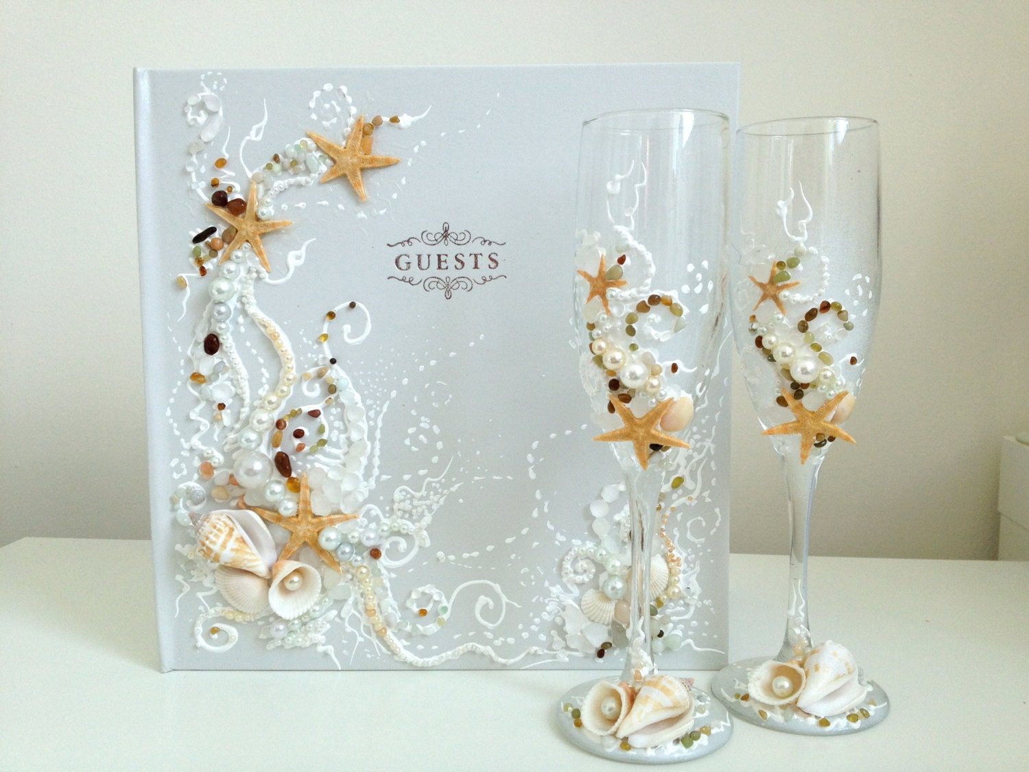 Starfish wedding champagne glasses, decorated with real starfish, sea shells, sea glass and pearls