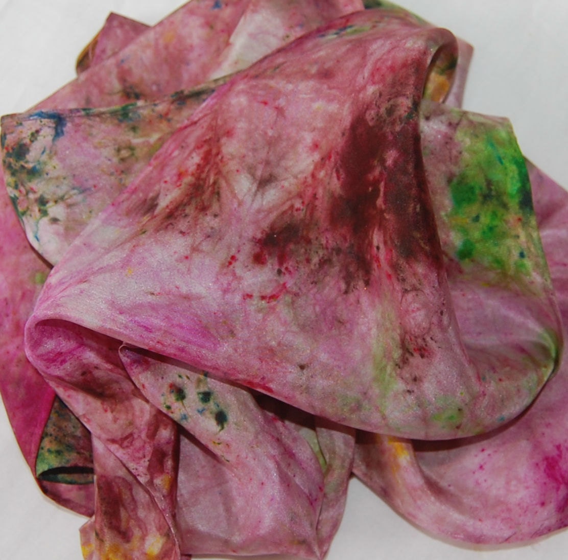 Hand Dyed Silk Scarf   pink, mauve, yellow and shades of green - Silk hand painted Scarf Batik Style- Spash of Spring