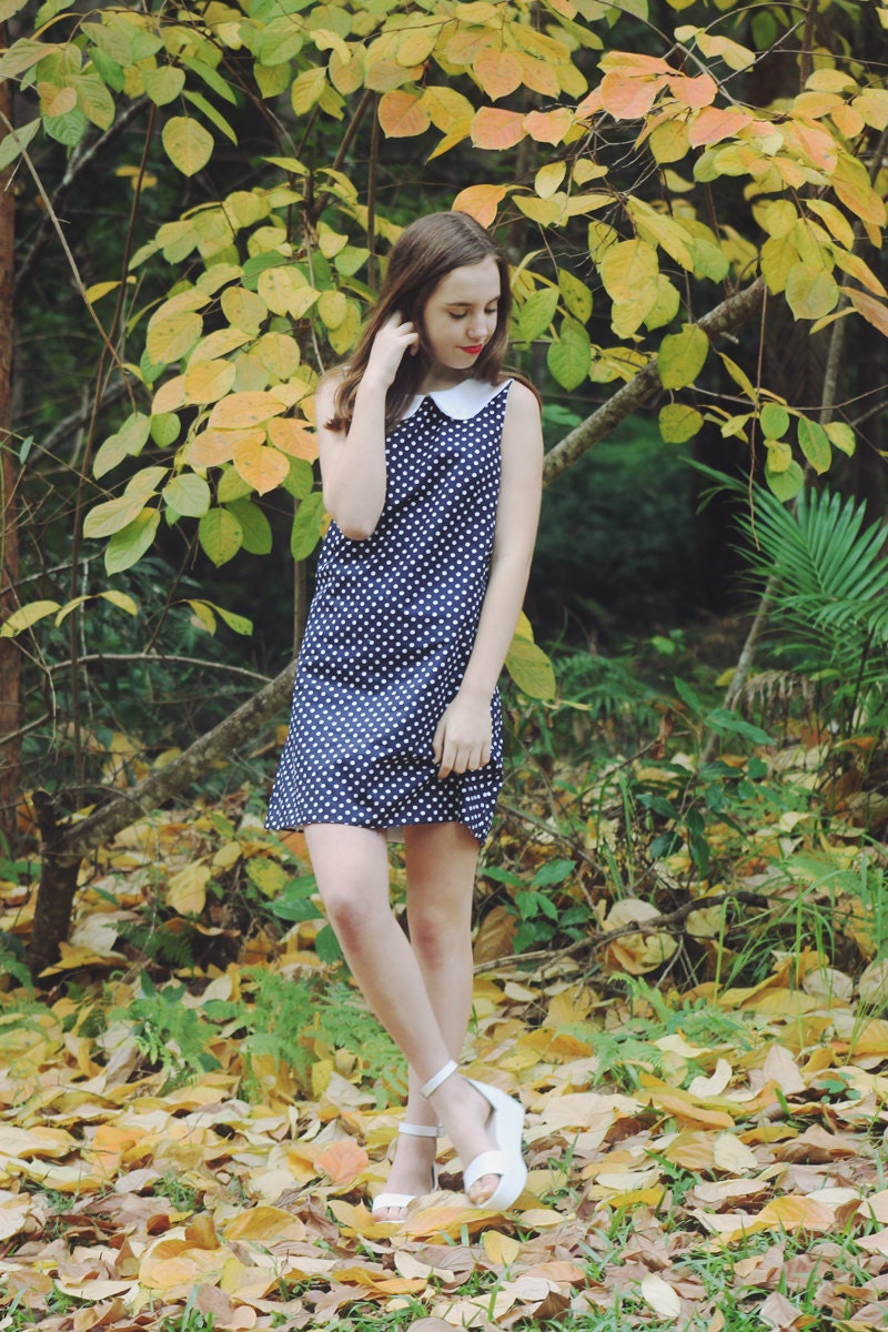Navy polka dot peter pan collar shift dress