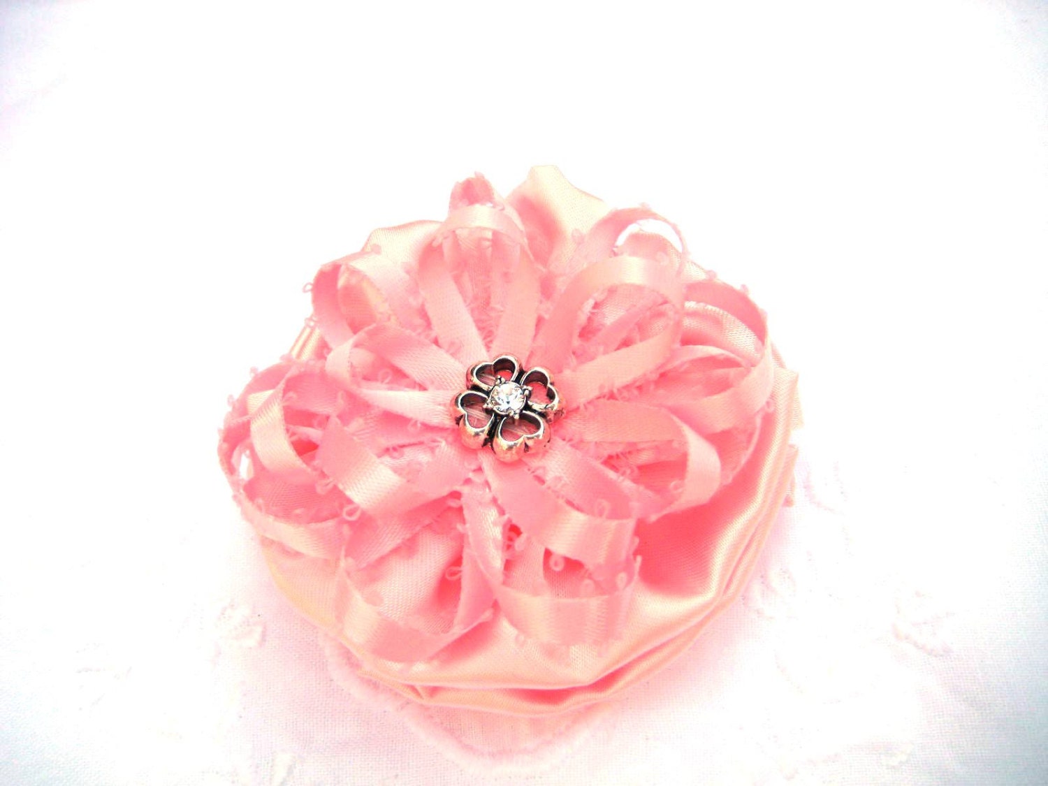 Pink Satin Hair Bow with Crystal Rhinestone Accents - Wedding Accessory