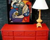 Vintage Reclaimed Red Painted Distressed Media Console Long Low Dresser Chest of Drawers Credenza (MLD) Call for SHIP QUOTE