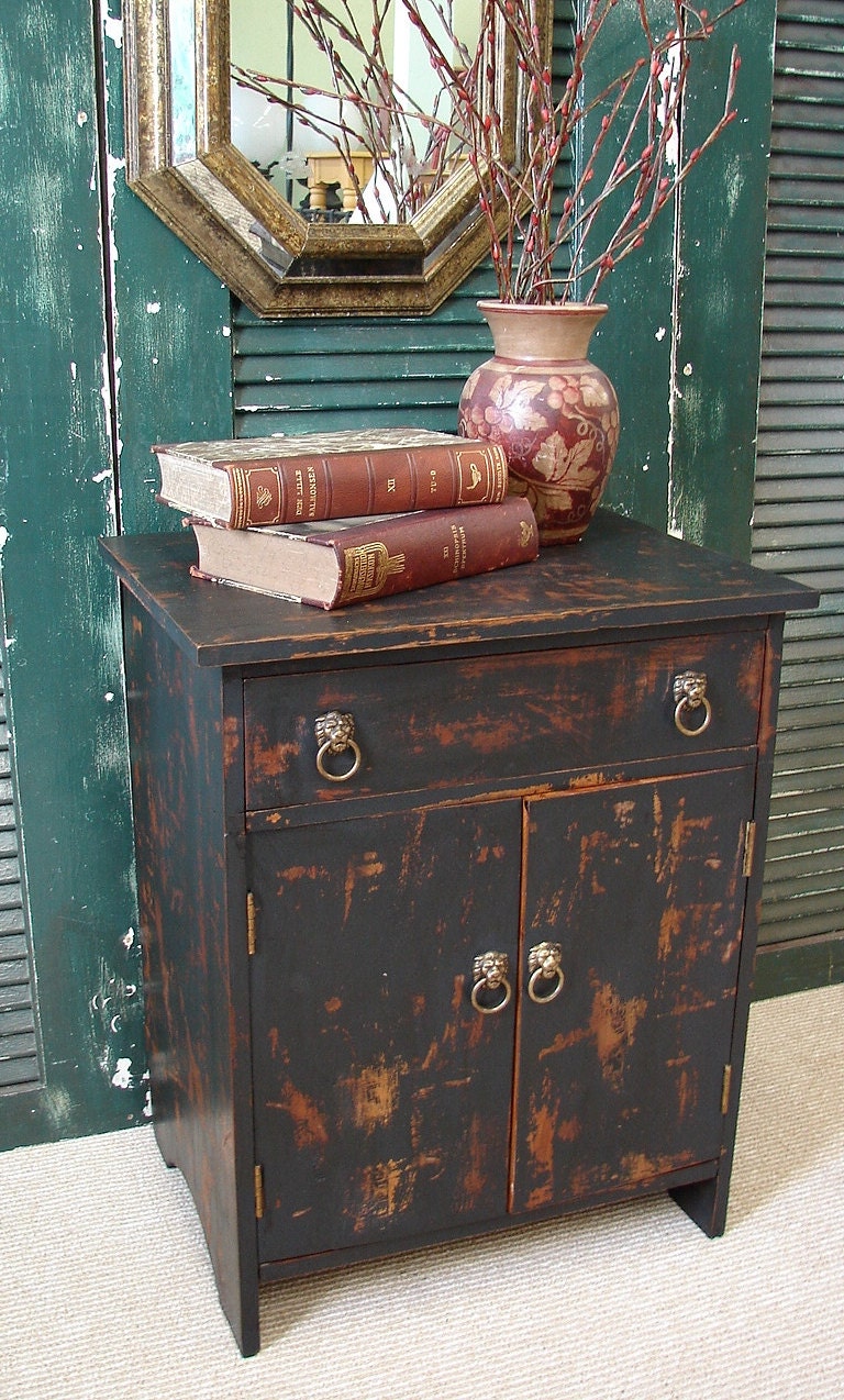 Vintage Reclaimed Rustic Primitive Black Painted Cabinet Chest Accent Table w Lion Pull (HAI) Ships Fedex