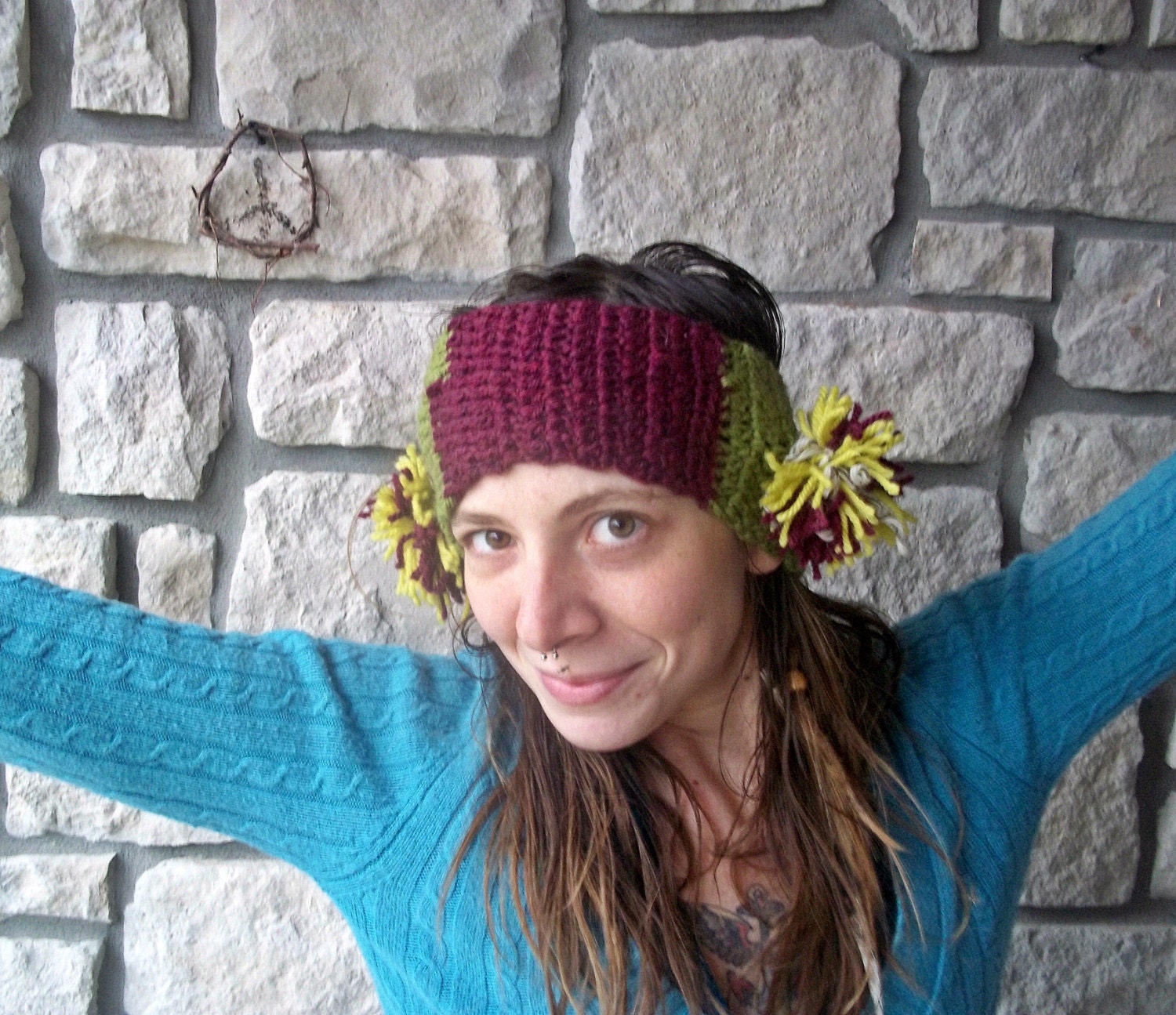 Neon Celebration Headband / Crochet Pom Pom Ear Muffs / Plum and Green Earmuffs