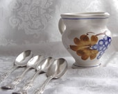 Vintage Ceramic Painted Pitcher Creamer  - Grapes Cluster -  & 4 Silverplate Teaspoons