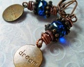 Twilight Cobalt Blue Faceted Glass Dangle Earrings - Brass Dream Charms,  Antiqued Copper